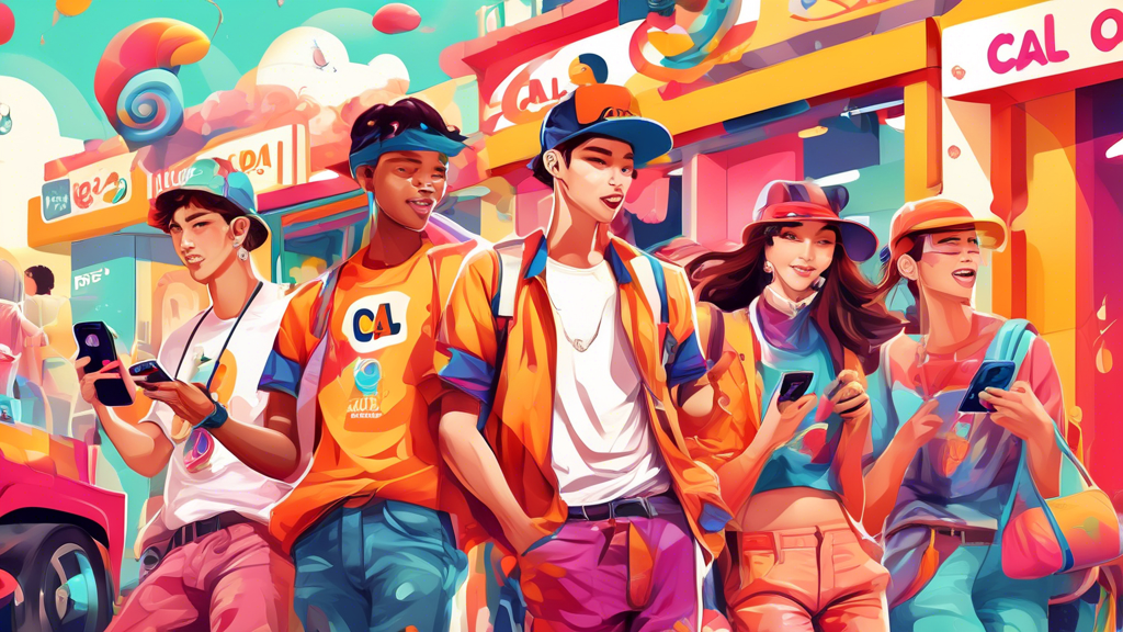 Create an imaginative and colorful illustration showcasing the concept of 'Cal Oppa', highlighting its growing popularity as a trend. Include diverse groups of young people engaging in various activities influenced by this trend, such as fashion, art, and social media interactions. Incorporate elements like stylish attire, vibrant street scenes, and a digital landscape representing social media influence, with dynamic expressions of excitement and community.