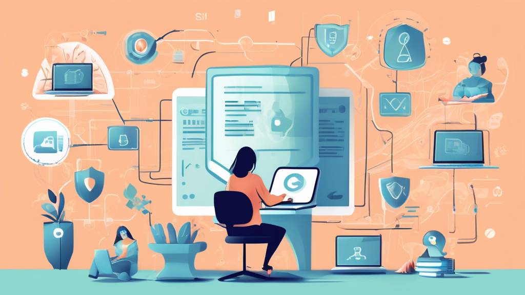 Create an illustration depicting an online learning environment that emphasizes data privacy. Include elements such as a digital classroom with students engaging on laptops, a shield symbolizing protection around their data, and visual representations of secure online connections, like padlocks and encrypted messages. The atmosphere should convey a sense of safety and trust, with soft colors and educational tools like books and notebooks in the background.