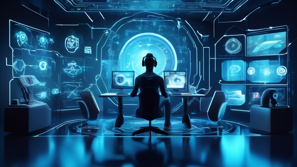 Create an image depicting a futuristic and visually engaging scene of a person using cutting-edge technology to enhance their online privacy. The setting includes a sleek, modern room filled with advanced gadgets and holographic interfaces displaying various privacy tools and tips, such as VPNs, two-factor authentication, and encrypted messaging. The person is surrounded by a digital shield symbolizing strong protection, with abstract visuals representing data flow and security. The overall atmosphere conveys a sense of empowerment and control over personal information in a tech-driven world.