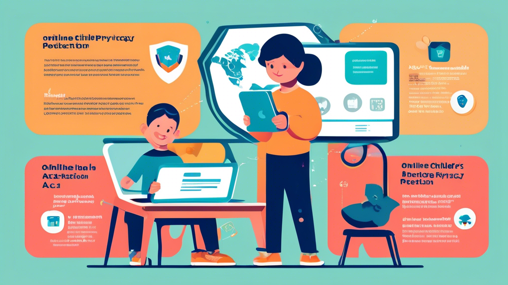 Create an educational infographic that visually explains COPPA (Children's Online Privacy Protection Act) and its importance for online privacy. Include illustrations of children using devices, a shield symbolizing protection, and key points about online safety and parental controls. Use a bright and engaging color palette to attract viewers' attention.