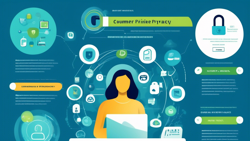 Create an informative infographic that visually represents key concepts of consumer online privacy. Include elements like a digital lock symbol, a computer screen displaying privacy settings, data protection icons, and diverse people using devices while being mindful of their online presence. Use a color palette of blue, green, and white to convey a sense of security and trust. The design should be modern and engaging, appealing to a wide audience interested in digital safety.