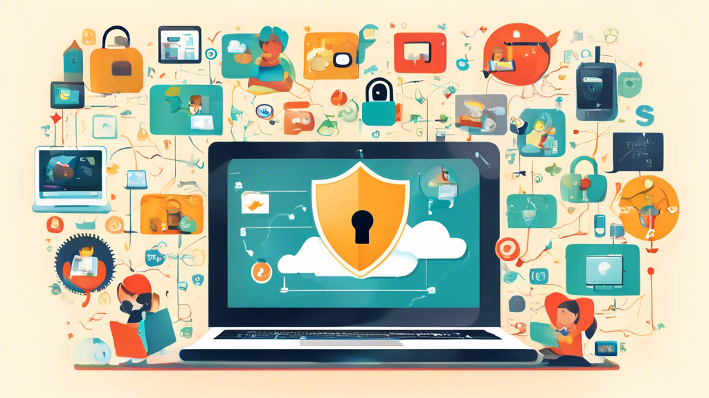 Create an informative illustration that visually represents the concept of online privacy for children. The image should include elements such as a computer, a child safely navigating the internet, a shield symbolizing protection, and icons representing various apps. Incorporate visual metaphors for privacy, like a padlock or a secure cloud. The background should be colorful and engaging to appeal to a younger audience while also conveying the seriousness of online safety. Include text elements like COPPA Compliance and Protecting Kids Online in a friendly, readable font.