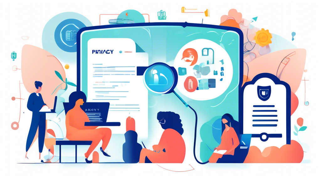 An informative and visually engaging illustration that represents the Caloppa Privacy Policy. The scene should include a person reviewing a digital privacy policy document on a laptop, surrounded by icons symbolizing data protection, privacy shields, and user consent. The background can feature elements like a safe lock, a magnifying glass, and diverse people using technology, emphasizing the importance of understanding privacy rights in the digital age.