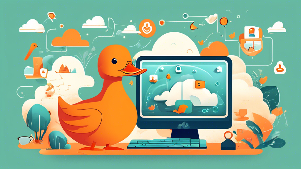 Create an imaginative illustration showcasing a serene digital landscape that represents the benefits of using DuckDuckGo for web search. Feature a friendly, cartoonish duck wearing glasses, sitting at a whimsical computer, surrounded by vibrant icons symbolizing privacy, security, and unbiased search results. Include elements like a shield symbol for protection, a magnifying glass for search, and a peaceful cloud backdrop to emphasize the user-friendly and privacy-focused ethos of DuckDuckGo.